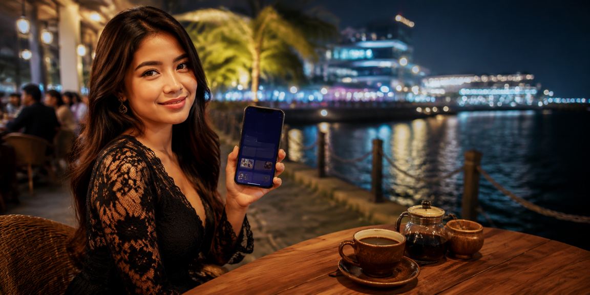 Suasana santai pengguna menikmati platform hiburan online di kafe Indonesia